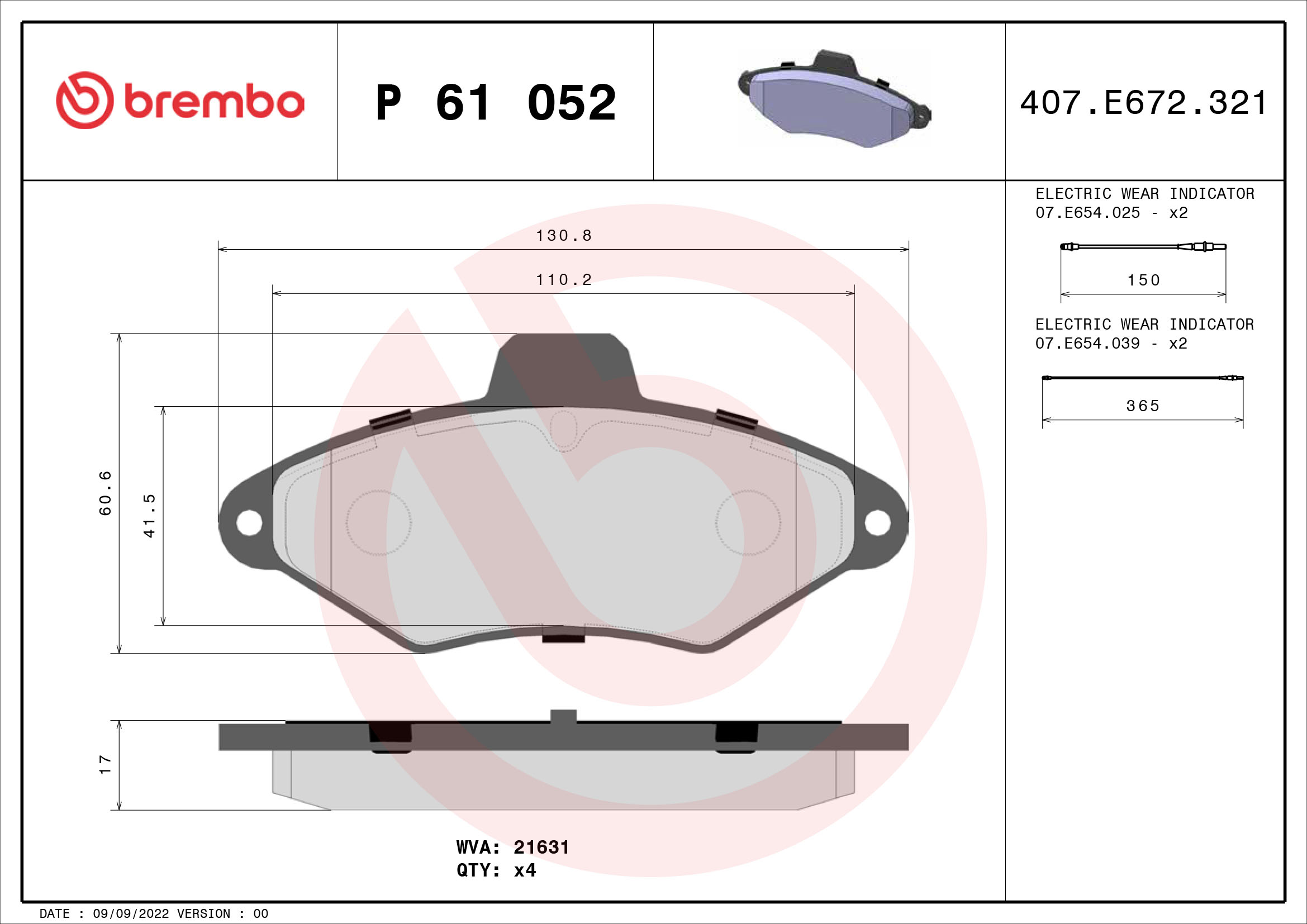 A.B.S. P 61 052 BREMBO Bremsbelagsatz, Scheibenbremse